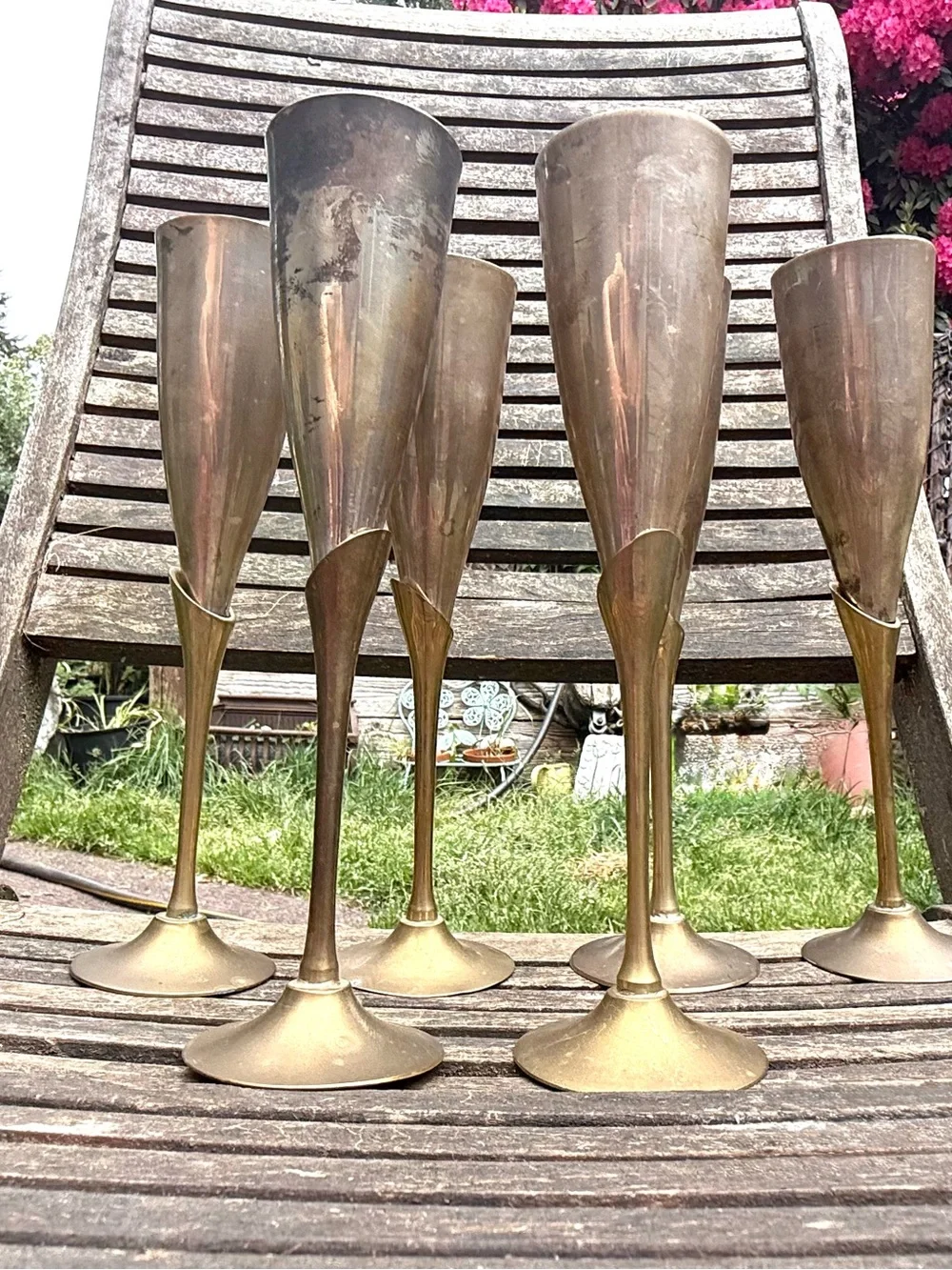 Vintage Six Solid Long Stem Tulip Silver Plate & Brass Champagne Flutes, India